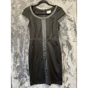 Black Faux Leather Trim Sheath Dress Womens Size 4 Short Sleeve Stretch LBD